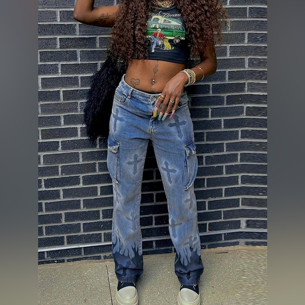Women’s Blue Graphic Cargo Jeans with Flame Hem
